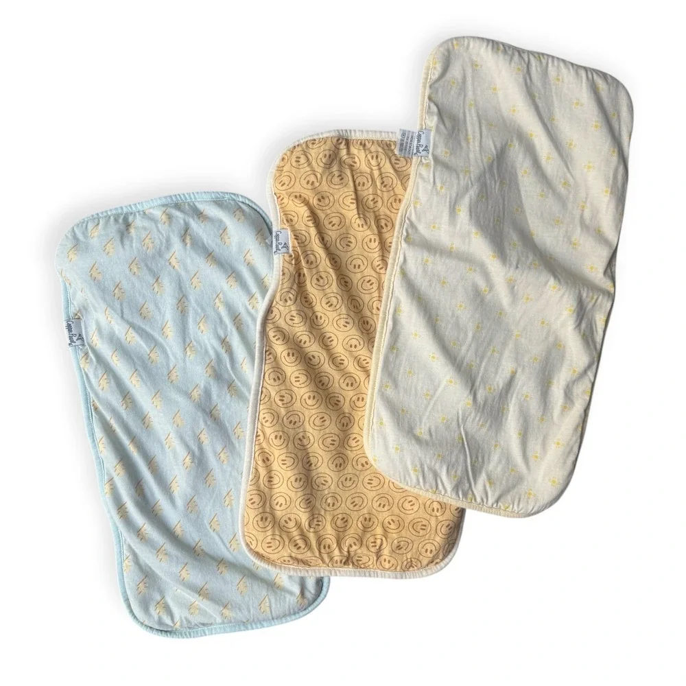 Copper Pearl Burp Cloth 3 Pack Smiley Face Sun Lightning Bolt Blue Yellow Cream